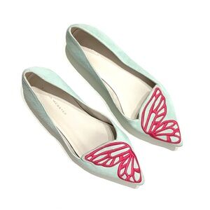 Sophia Webster Mint Green Suede Pointed Flats with Hot Pink Butterfly Appliqués